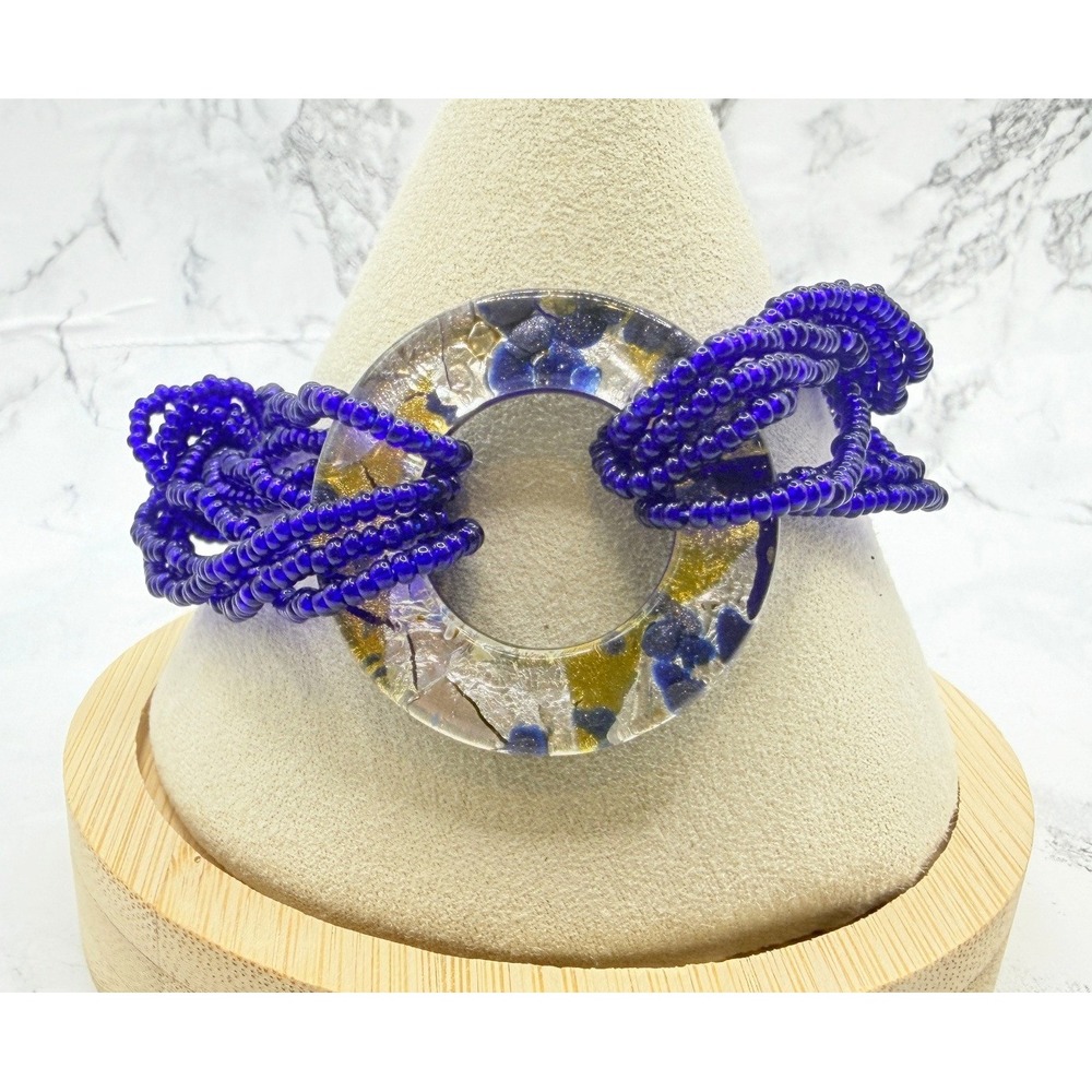 8 Strand Cobalt Blue Glass Seed Bead Bracelet Mosaic Glass Ring 8"